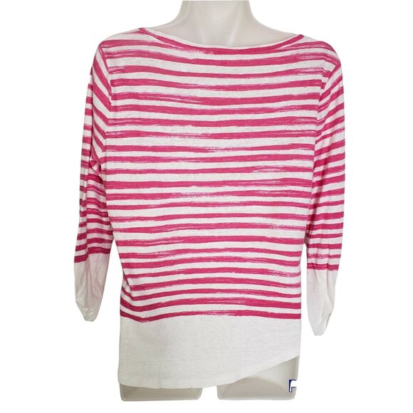 Talbots Womens Top Size Medium Pink White Striped Linen Blend 3/4 Tab Sleeves - Picture 2 of 8